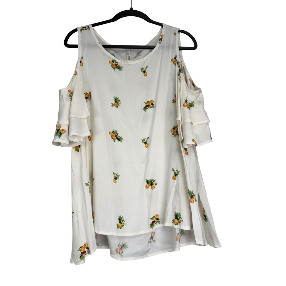 Red Lolly White Pineapple Cold Shoulder‎ Ruffle Sleeve Blouse Large RL1789